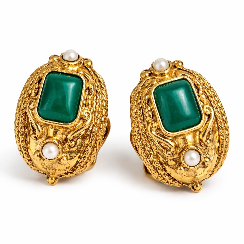 VENDOME | Byzantine Dead-stock Vintage Gold Tone Hoop Earrings Green Cabochons
